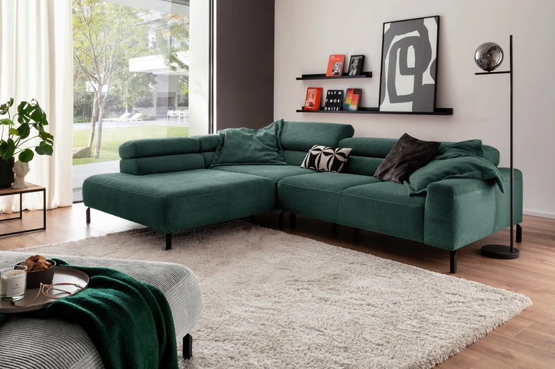 KAWOLA Sofa DELIA Ecksofa Cord smaragd