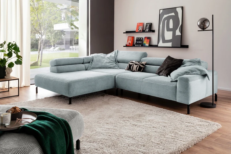 KAWOLA Sofa DELIA Ecksofa Cord hellblau