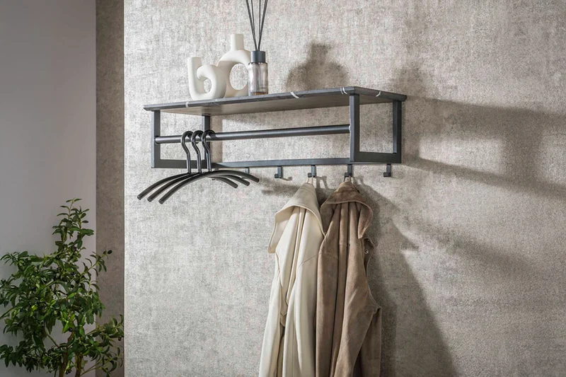 KAWOLA Garderobe SESTA Kunststoff Keramikoptik Hutablage 6 Haken grau