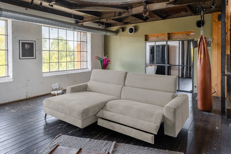 KAWOLA Sofa LAISKA Ecksofa Relaxfunktion teilmotorisch Cord steingrau