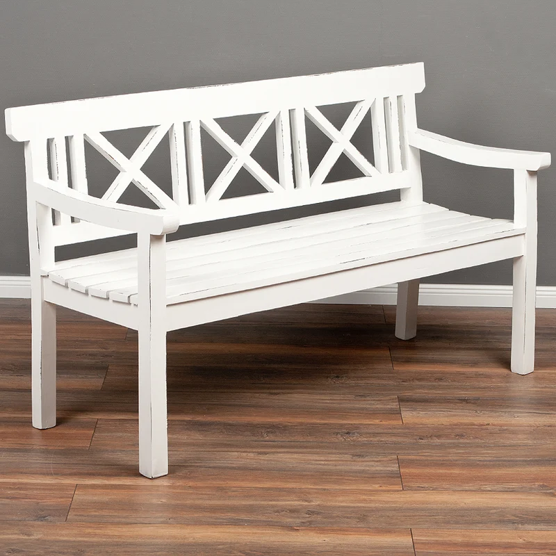 Massivholz 3-Sitzer Bank DRAHMA Antik-Weiß 150cm Shabby-Look