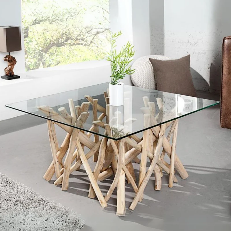 Teakholz Couchtisch DRIFT 80x80cm (oder kleiner) Glasplatte Natural