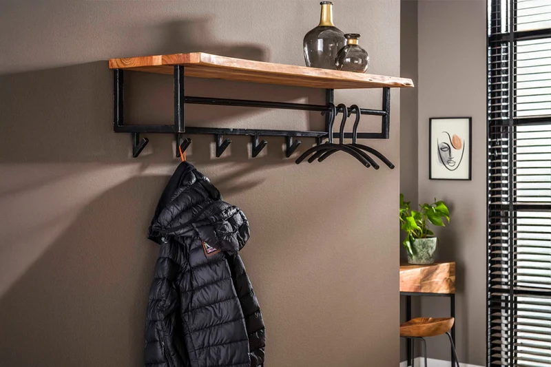 KAWOLA Garderobe NEREA Akazie Metall Hutablage 6 Haken schwarz