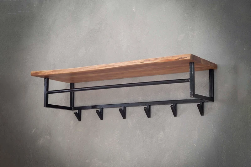 KAWOLA Garderobe NEREA Akazie Metall Hutablage 6 Haken schwarz
