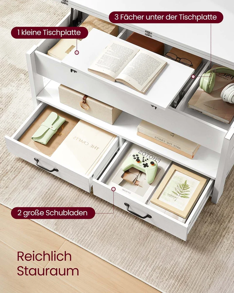 Couchtisch mit Klappplatte und verstecktem Stauraum – Multifunktional, verstellbar und modernes Design – 100 cm breit