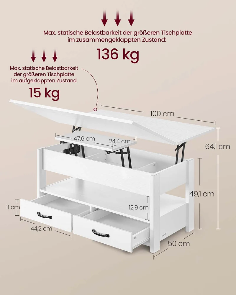Couchtisch mit Klappplatte und verstecktem Stauraum – Multifunktional, verstellbar und modernes Design – 100 cm breit