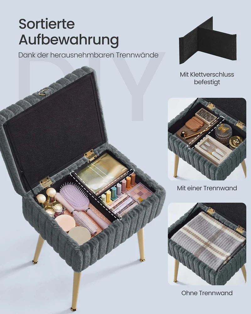 Aufbewahrungshocker – Mit weichem Samtbezug – Herausnehmbare Trennwand – Tragkraft 200 kg – Ideal für Schminktisch oder Schlafzimmer