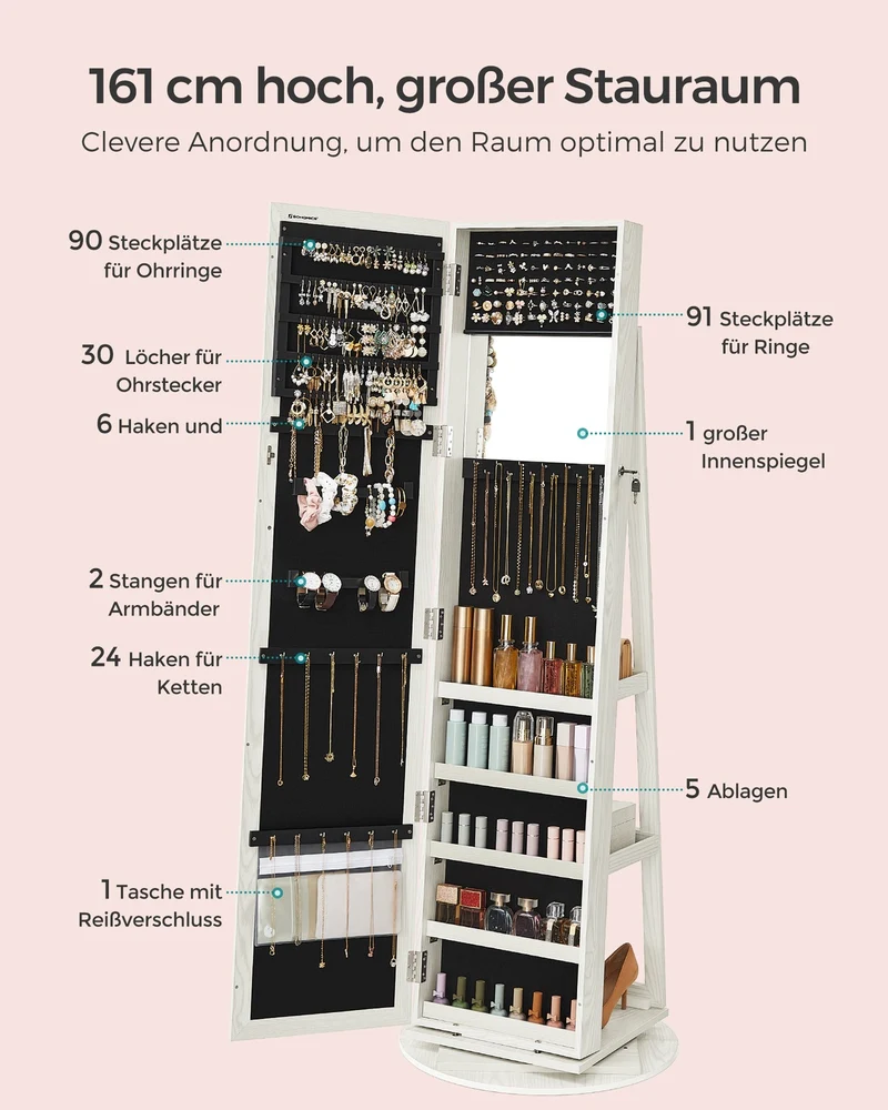 Stehender, 360° drehbarer Schmuckspiegelschrank mit Schloss