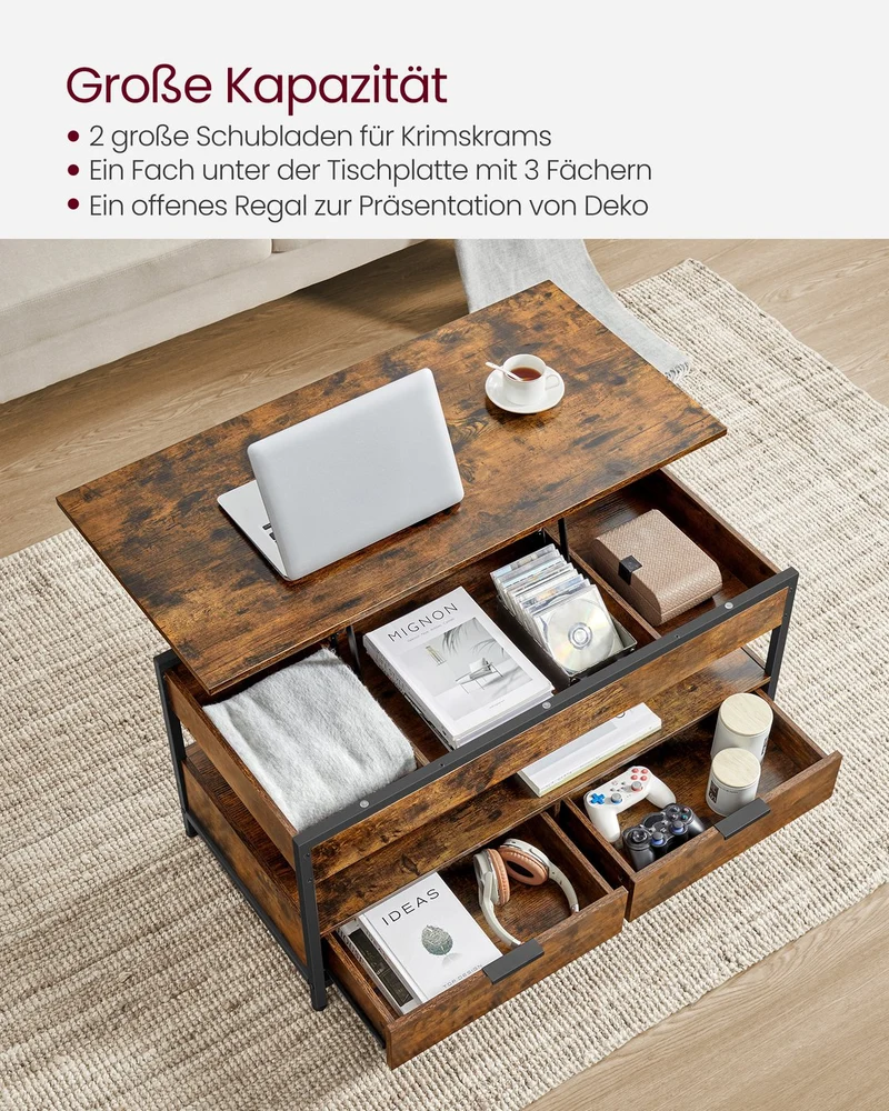 Couchtisch mit verstellbarer Tischplatte – Industriedesign – 100 cm breit – mit Stauraum