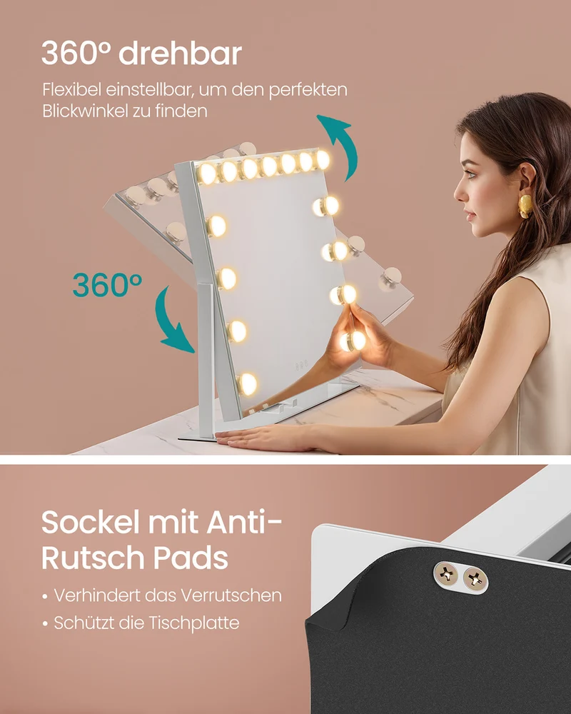 Kosmetikspiegel mit LED-Beleuchtung – 3 Lichtfarben – 360° Drehbar – USB-A & USB-C – 10-fache Vergrößerung