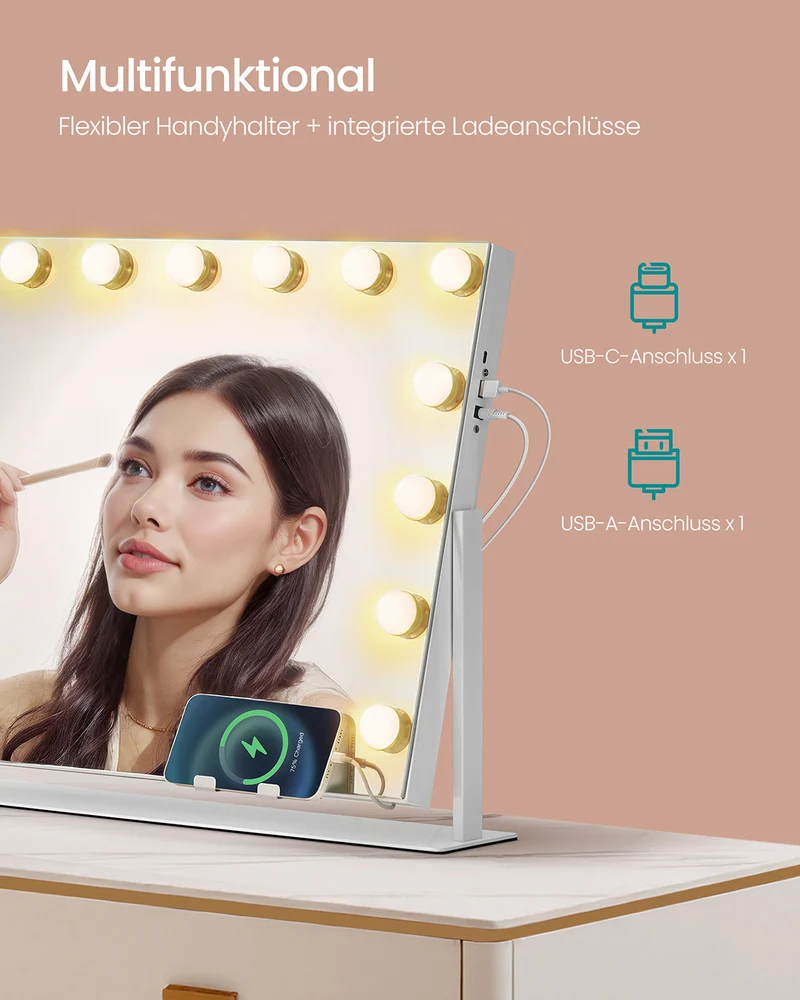 Kosmetikspiegel mit LED-Beleuchtung – 3 Lichtfarben – 360° Drehbar – USB-A & USB-C – 10-fache Vergrößerung