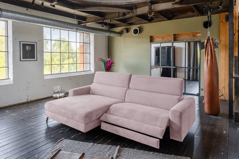 KAWOLA Sofa LAISKA Ecksofa Relaxfunktion teilmotorisch Cord rosa