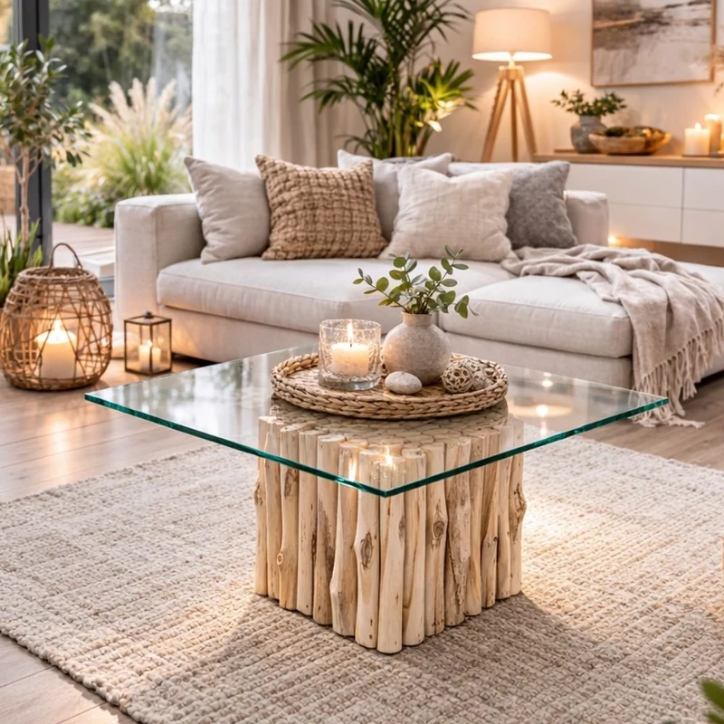 Teak Couchtisch NICO Natural inkl. Glasplatte 70x70cm