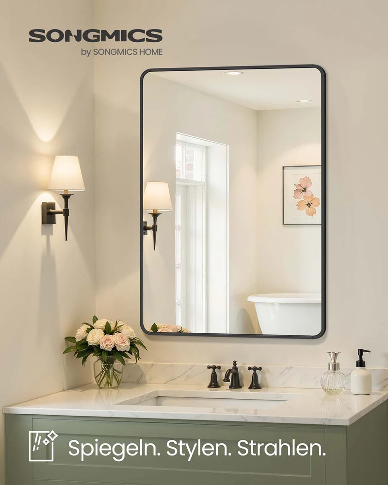 Wandspiegel – Rechteckig – Aluminiumrahmen – 91 x 61 cm – Bruchsicheres Glas – Kann horizontal und vertikal aufgehängt werden