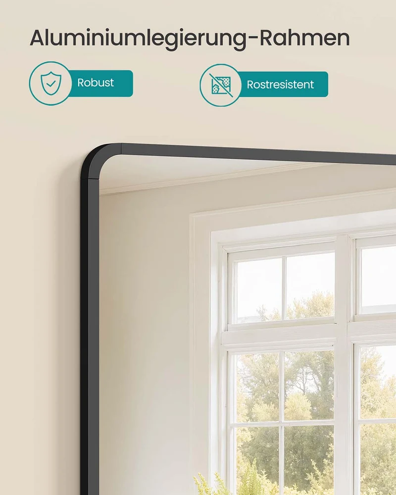 Wandspiegel – Rechteckig – Aluminiumrahmen – 91 x 61 cm – Bruchsicheres Glas – Kann horizontal und vertikal aufgehängt werden