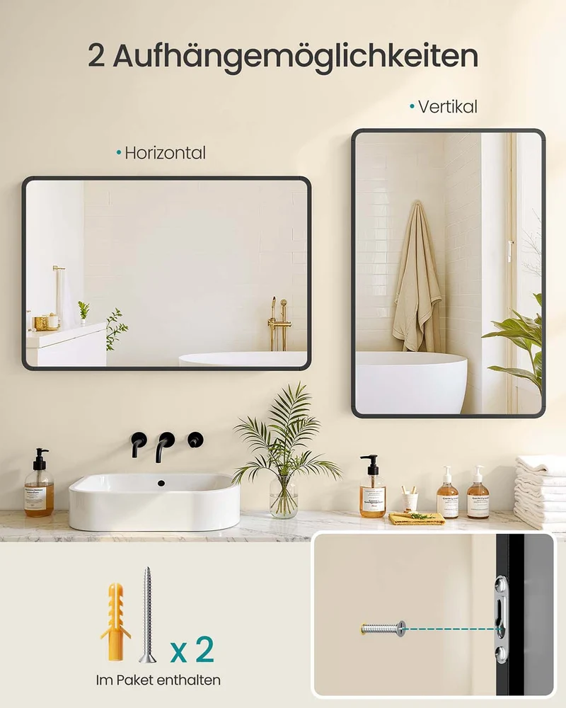 Wandspiegel – Rechteckig – Aluminiumrahmen – 91 x 61 cm – Bruchsicheres Glas – Kann horizontal und vertikal aufgehängt werden