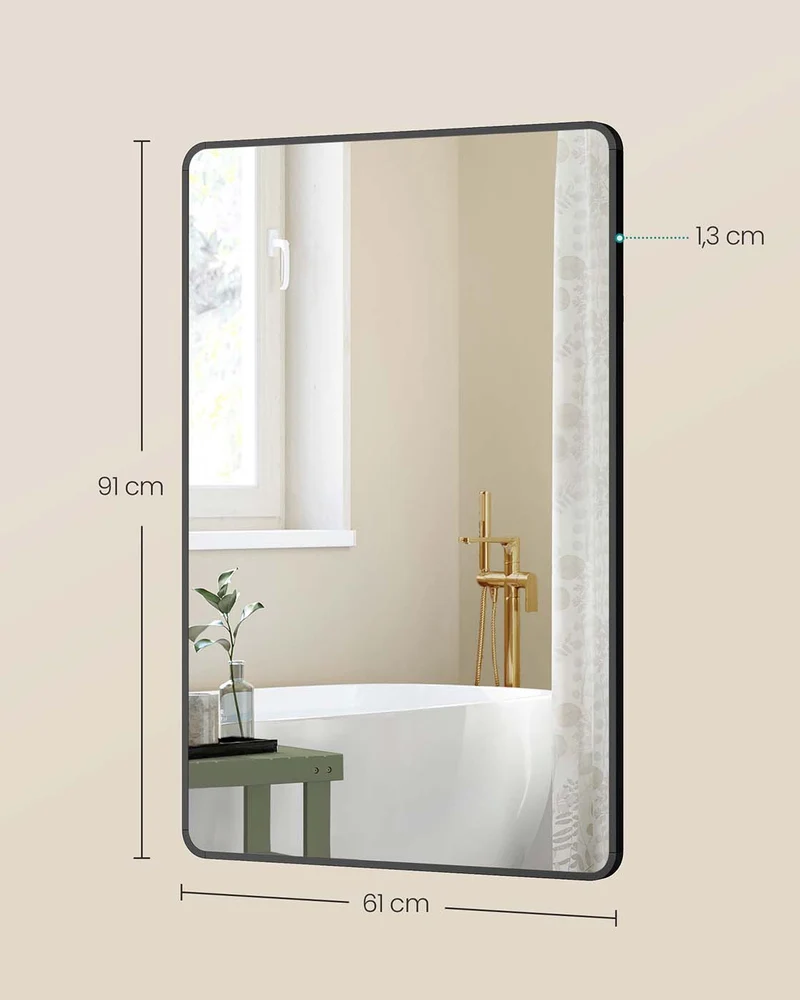 Wandspiegel – Rechteckig – Aluminiumrahmen – 91 x 61 cm – Bruchsicheres Glas – Kann horizontal und vertikal aufgehängt werden