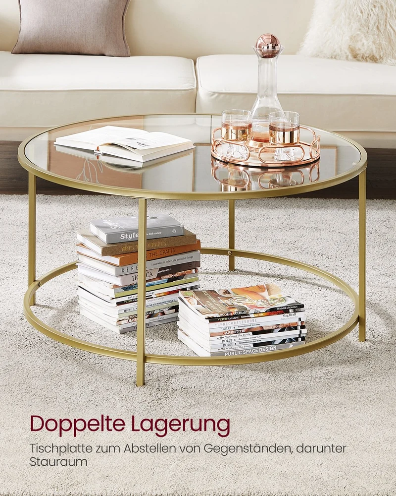 Runder Couchtisch Gold mit Glasplatte – gehärtetes Glas – moderner Retro-Beistelltisch für das Wohnzimmer