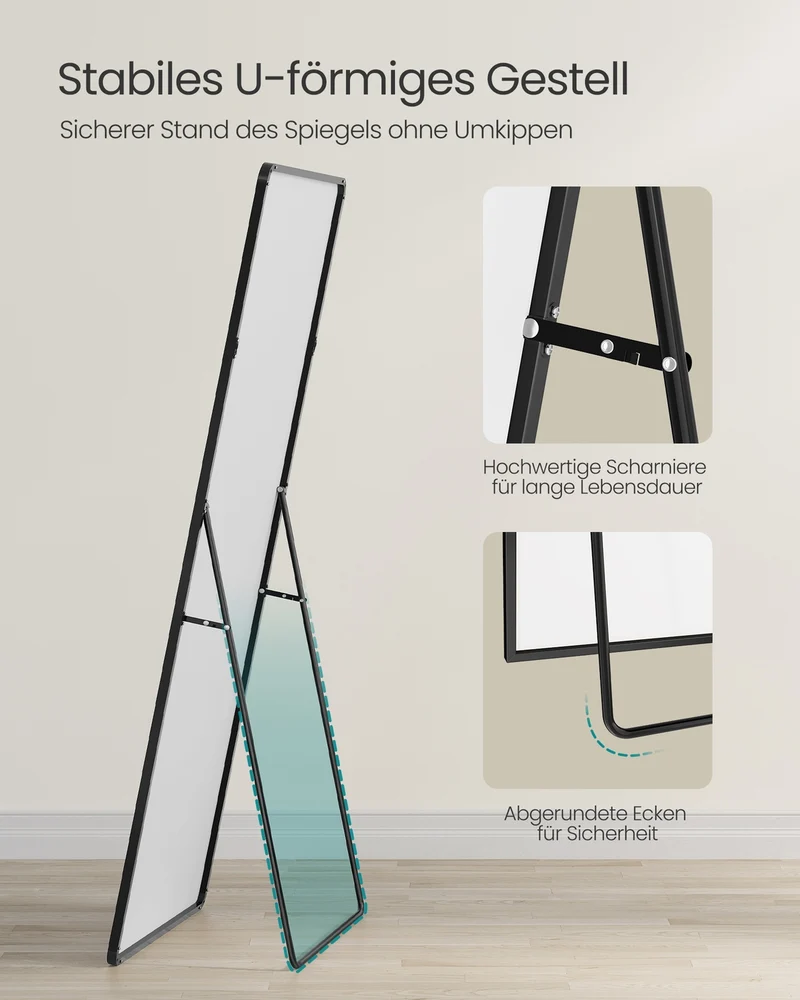 Standspiegel 160 x 50 cm – Rechteckiges Design – Freistehend oder Wandmontage