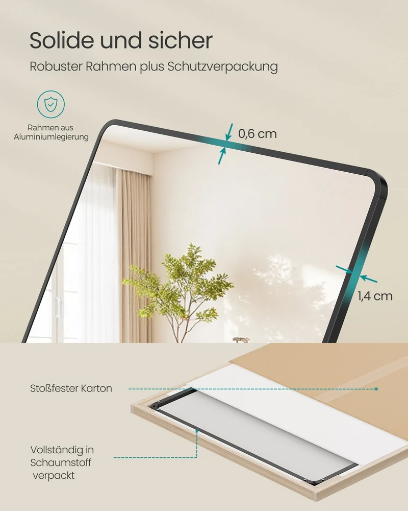 Standspiegel 160 x 50 cm – Rechteckiges Design – Freistehend oder Wandmontage