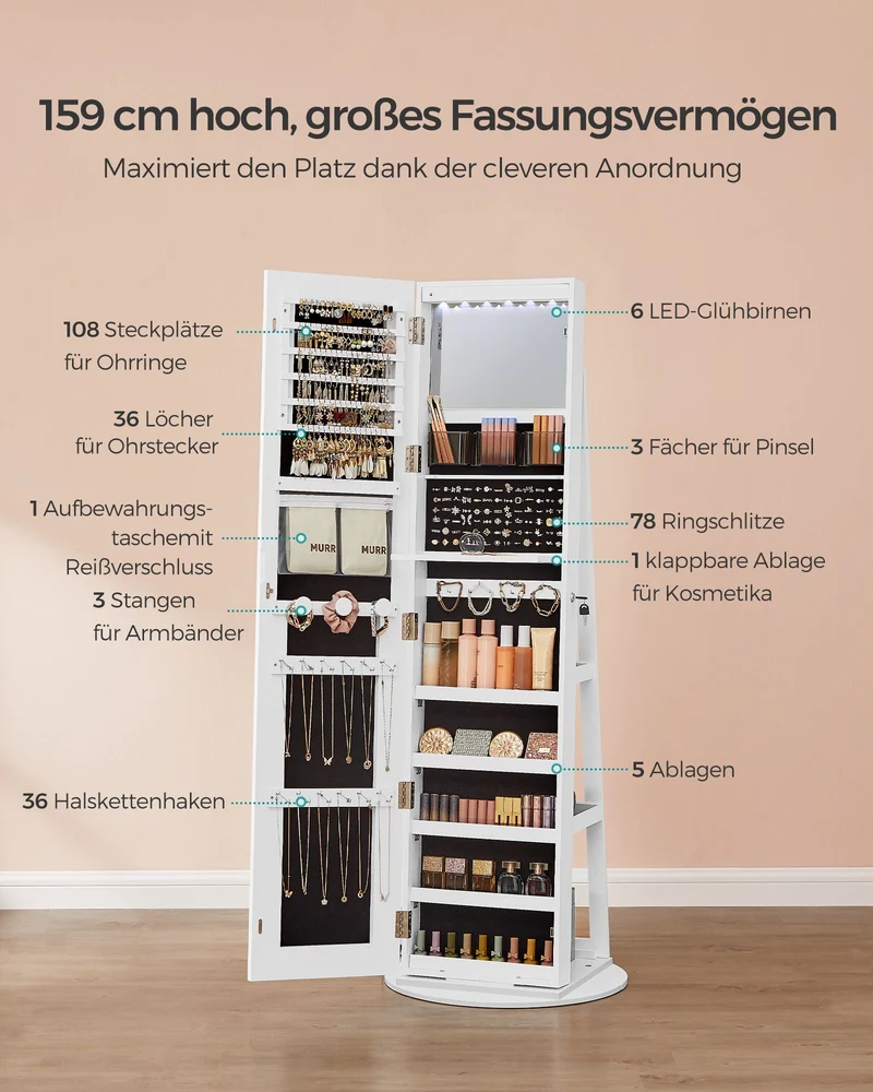Spiegelschrank mit LED - Schmuckschrank - Standspiegel mit Stauraum