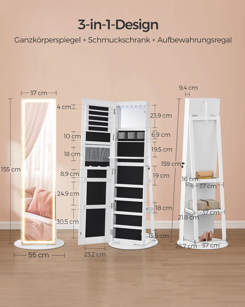 Spiegelschrank mit LED - Schmuckschrank - Standspiegel mit Stauraum