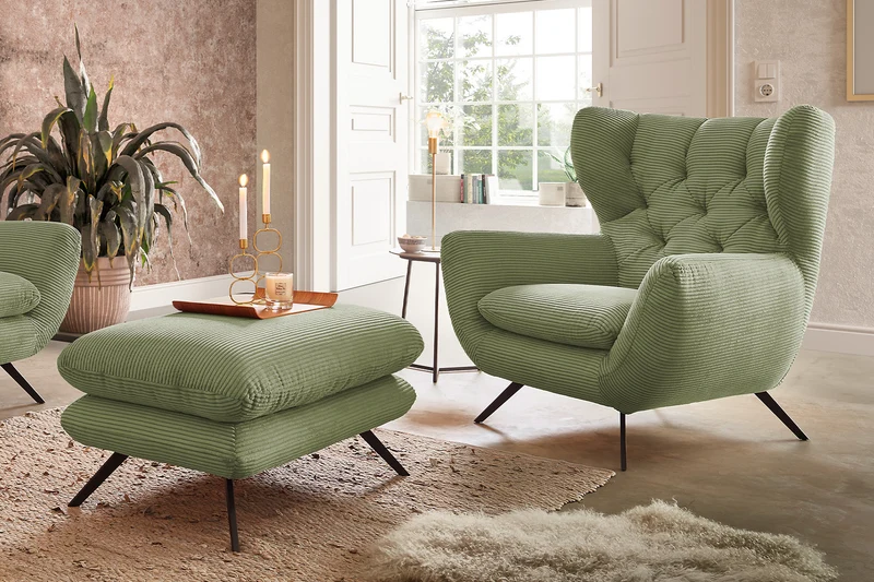 KAWOLA Sessel CHARME Hochlehnsessel Cord olivgrün