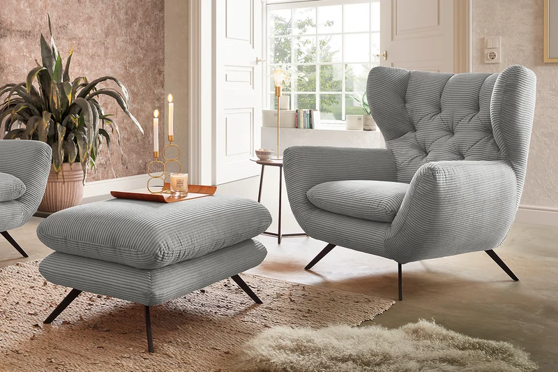 KAWOLA Sessel CHARME Hochlehnsessel Cord hellgrau