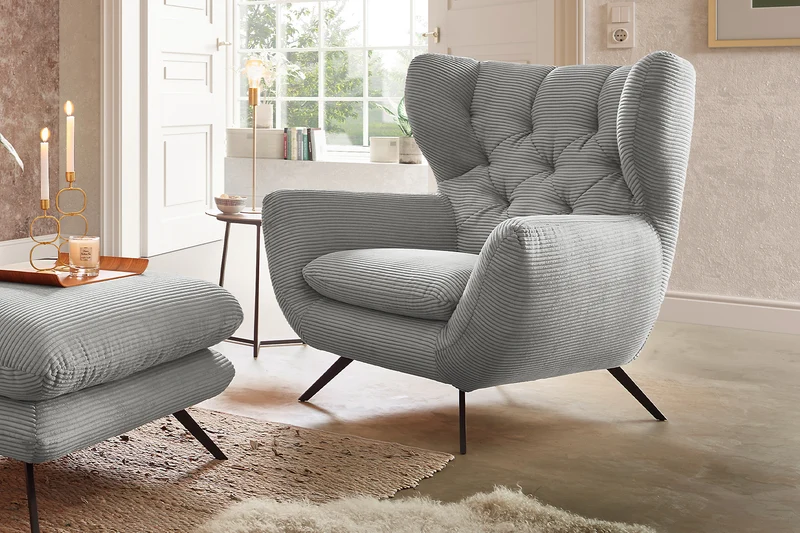 KAWOLA Sessel CHARME Hochlehnsessel Cord hellgrau
