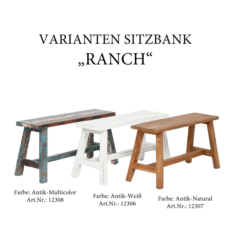 Massivholz Sitzbank RANCH Antik-Weiß Mahagoni ca. L90cm