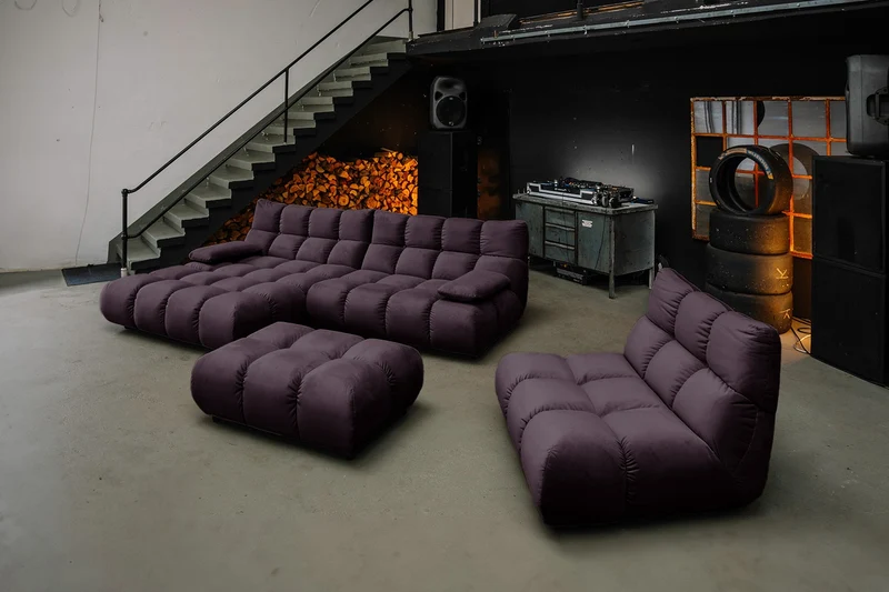 KAWOLA Sitzgruppe VIVIEN Ecksofa Drehsessel Hockerbank Velvet purple
