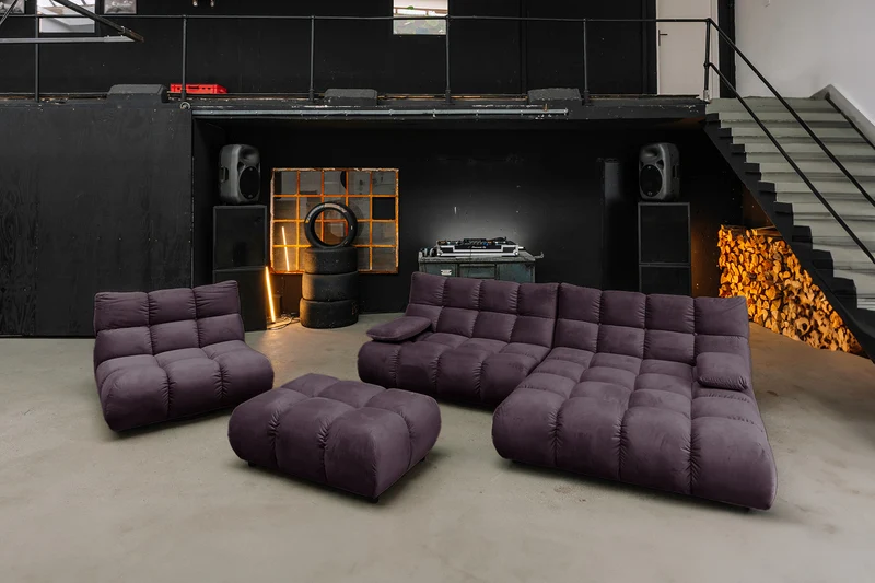 KAWOLA Sitzgruppe VIVIEN Ecksofa Drehsessel Hockerbank Velvet purple