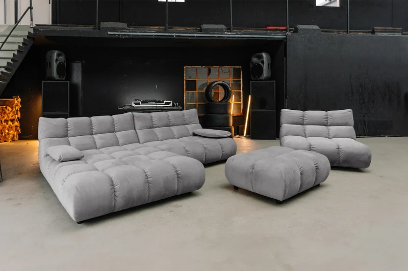 KAWOLA Sitzgruppe VIVIEN Ecksofa Drehsessel Hockerbank Velvet stone