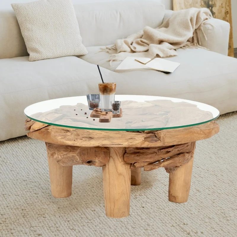 Teakwurzel Couchtisch BOSCO 80cm Natural Massivholz Glasplatte