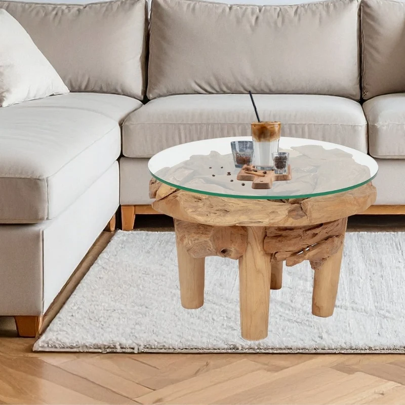 Teakwurzel Couchtisch BOSCO 60cm Natural Massivholz Glasplatte