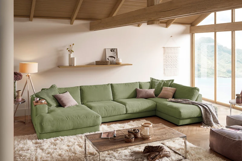 KAWOLA Sofa MADELINE Wohnlandschaft U-Form Cord olivgrün