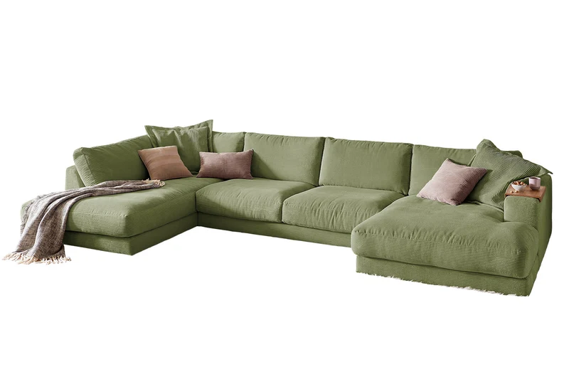 KAWOLA Sofa MADELINE Wohnlandschaft U-Form Cord olivgrün