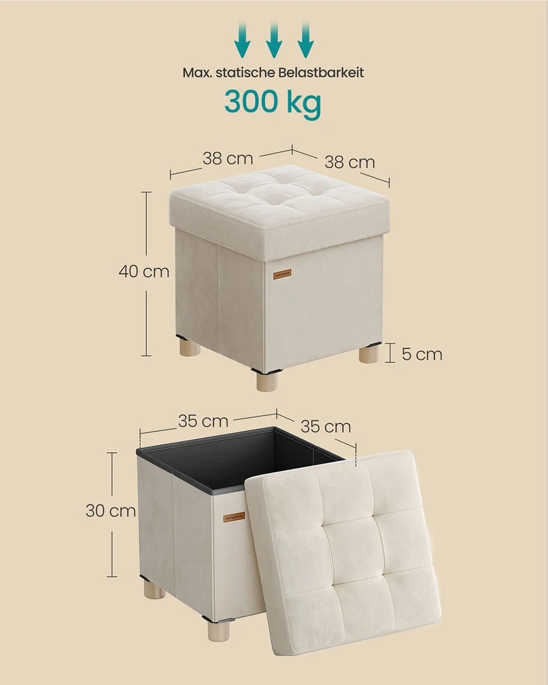 Klappbarer Aufbewahrungshocker aus Samt – 38 x 38 cm – 37 l – bis zu 300 kg belastbar