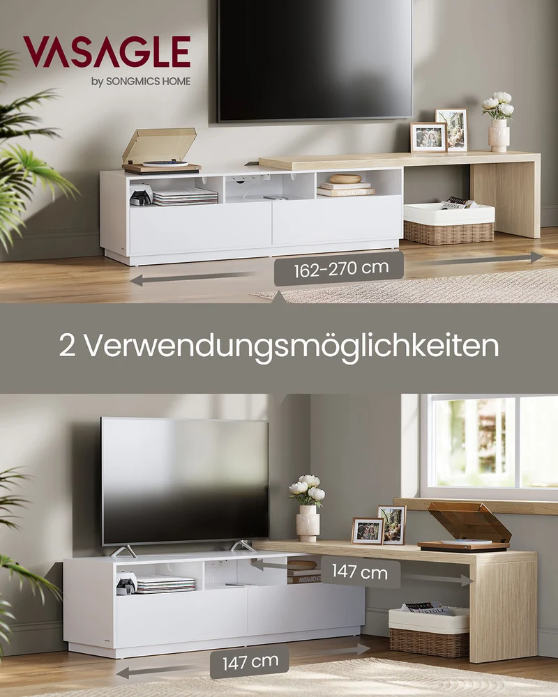 Ausziehbarer TV-Ständer – Mit LED-Beleuchtung & Ladestation – Für Fernseher bis 65 Zoll – Verstellbare Länge 162-270 cm – Weiß/Beige