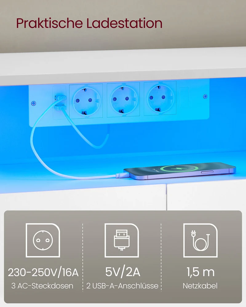 Ausziehbarer TV-Ständer – Mit LED-Beleuchtung & Ladestation – Für Fernseher bis 65 Zoll – Verstellbare Länge 162-270 cm – Weiß/Beige