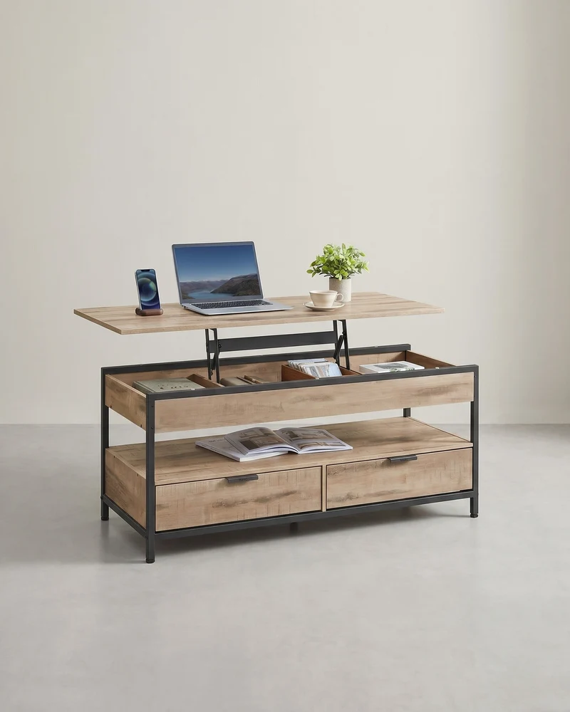 Verstellbarer Couchtisch im Industriestil mit anhebbarer Platte – 120 x 50 cm – Mit Schubladen und verstecktem Stauraum