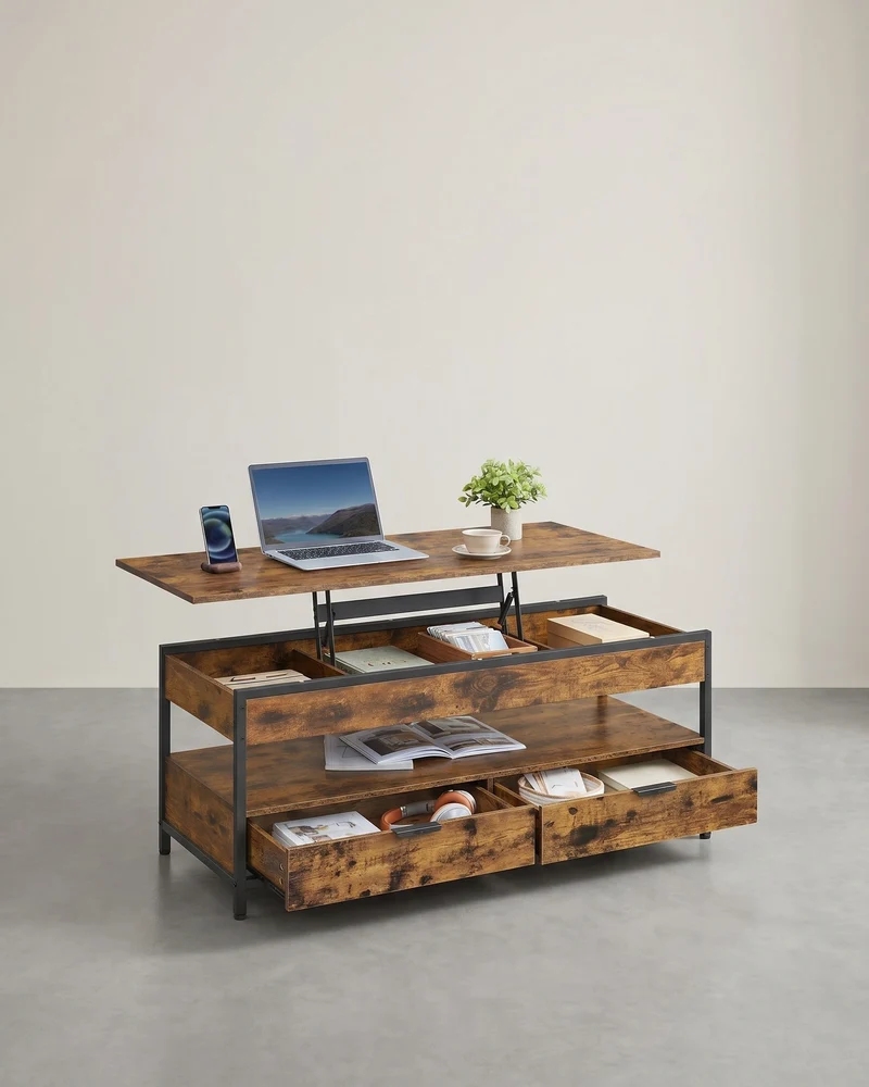 Verstellbarer Couchtisch im Industriestil mit anhebbarer Platte – 120 x 50 cm – Mit Schubladen und verstecktem Stauraum