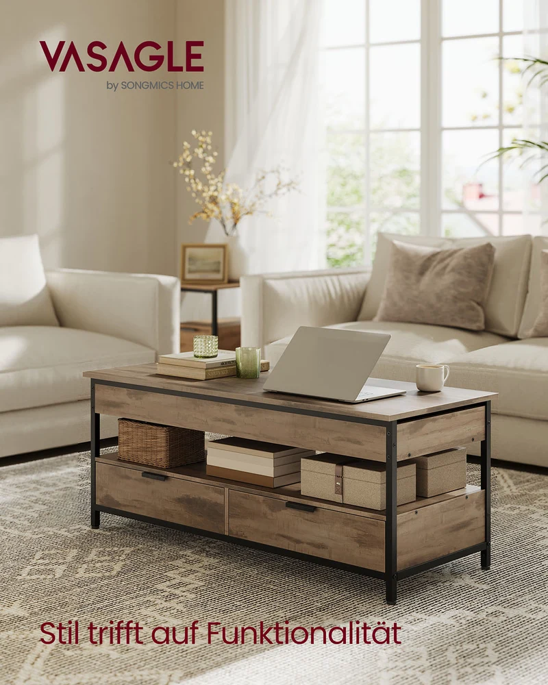 Verstellbarer Couchtisch im Industriestil mit anhebbarer Platte – 120 x 50 cm – Mit Schubladen und verstecktem Stauraum