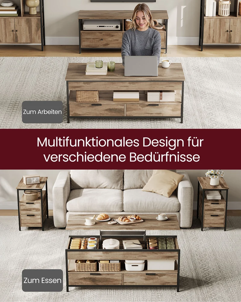 Verstellbarer Couchtisch im Industriestil mit anhebbarer Platte – 120 x 50 cm – Mit Schubladen und verstecktem Stauraum