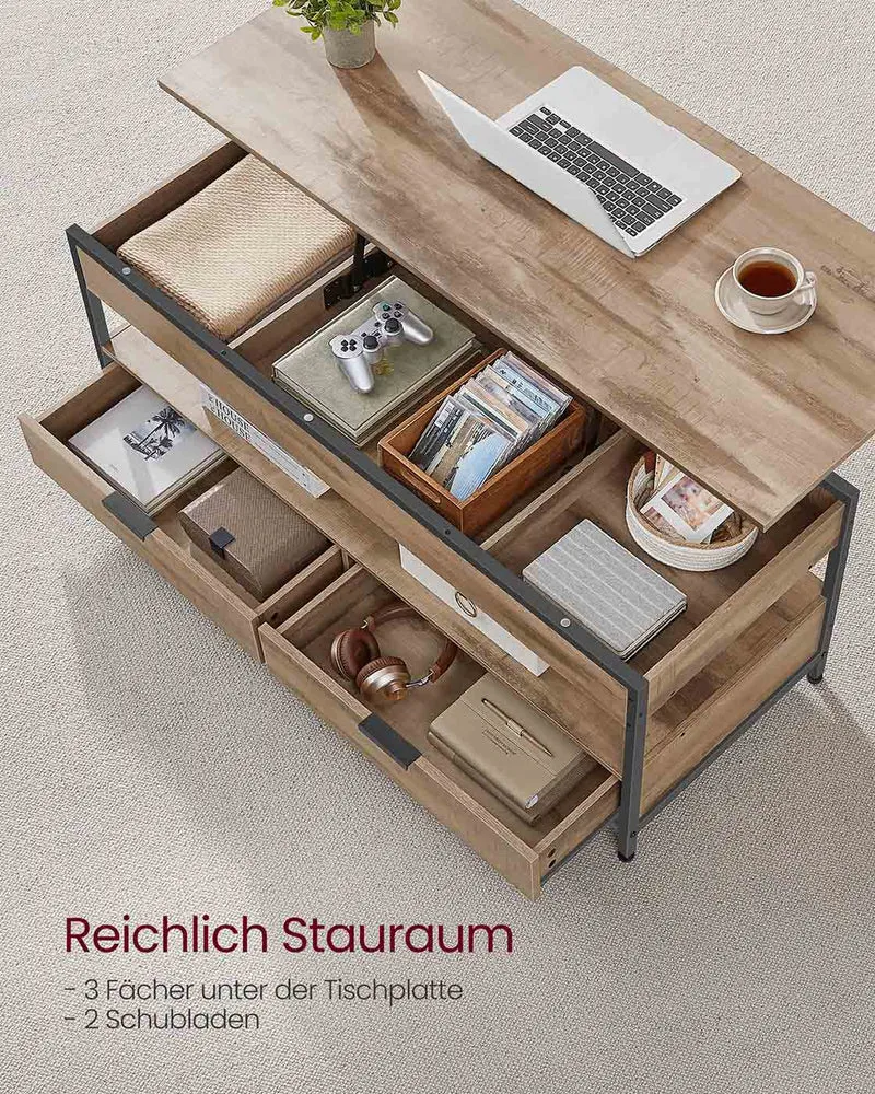 Verstellbarer Couchtisch im Industriestil mit anhebbarer Platte – 120 x 50 cm – Mit Schubladen und verstecktem Stauraum