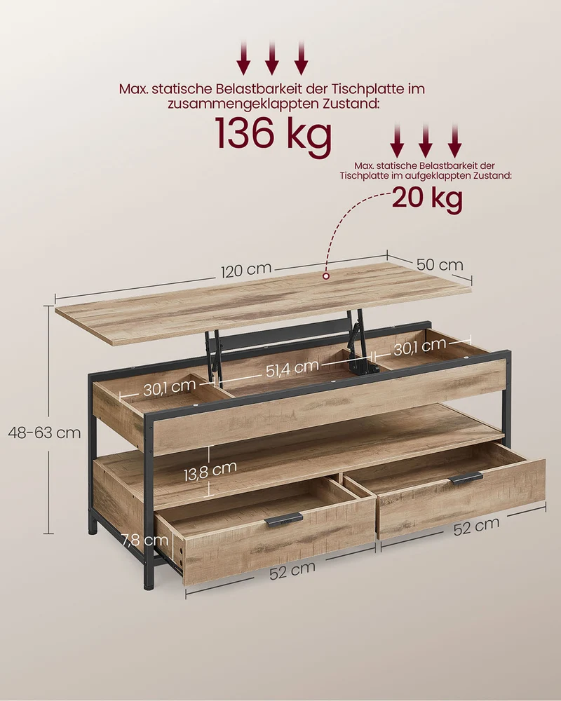 Verstellbarer Couchtisch im Industriestil mit anhebbarer Platte – 120 x 50 cm – Mit Schubladen und verstecktem Stauraum