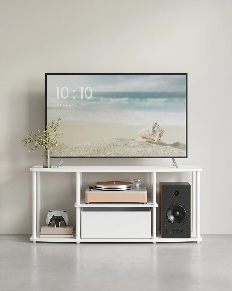 TV-Schrank 110 cm – Weiß – 3 Ebenen – Werkzeuglose Montage – Mit Stoffschublade – Tragkraft bis 98 kg