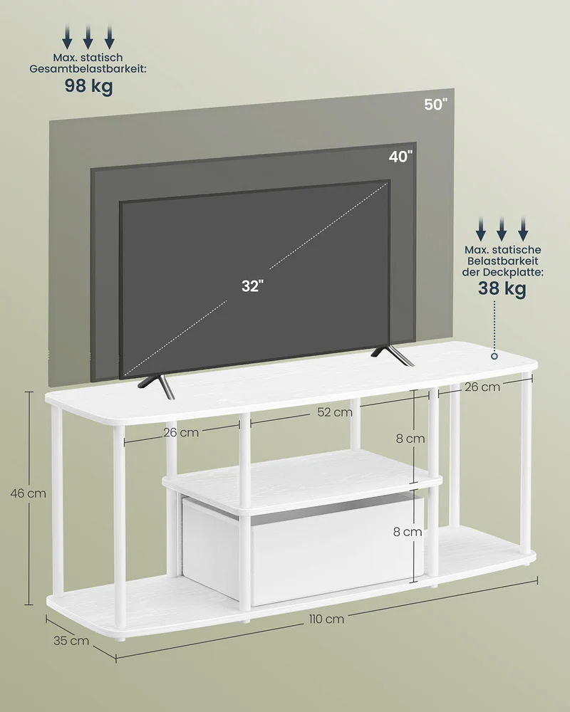 TV-Schrank 110 cm – Weiß – 3 Ebenen – Werkzeuglose Montage – Mit Stoffschublade – Tragkraft bis 98 kg