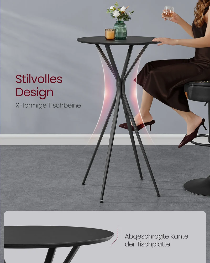 Schwarzer Stehtisch mit X-Beinen – 60 x 60 x 105 cm – Metallgestell – MDF-Tischplatte – Bis 50 kg belastbar