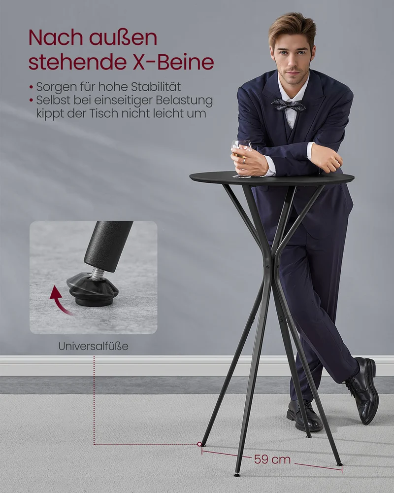 Schwarzer Stehtisch mit X-Beinen – 60 x 60 x 105 cm – Metallgestell – MDF-Tischplatte – Bis 50 kg belastbar